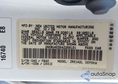 2010 Toyota Corolla из США, поврежденный, VIN 1NXBU4EE6AZ268131